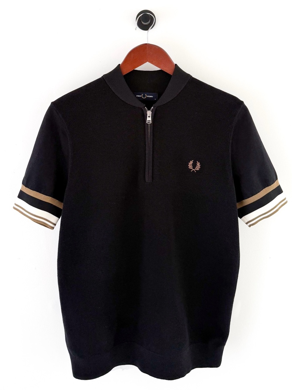 NEW Fred Perry Black Half-Zip Short Sleeve Sweater with Gold Trim Pique Cotton
